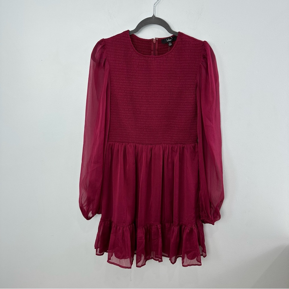 Lulus Simply the Sweetest Berry Red Long Sleeve Smocked Mini Dress Size Medium